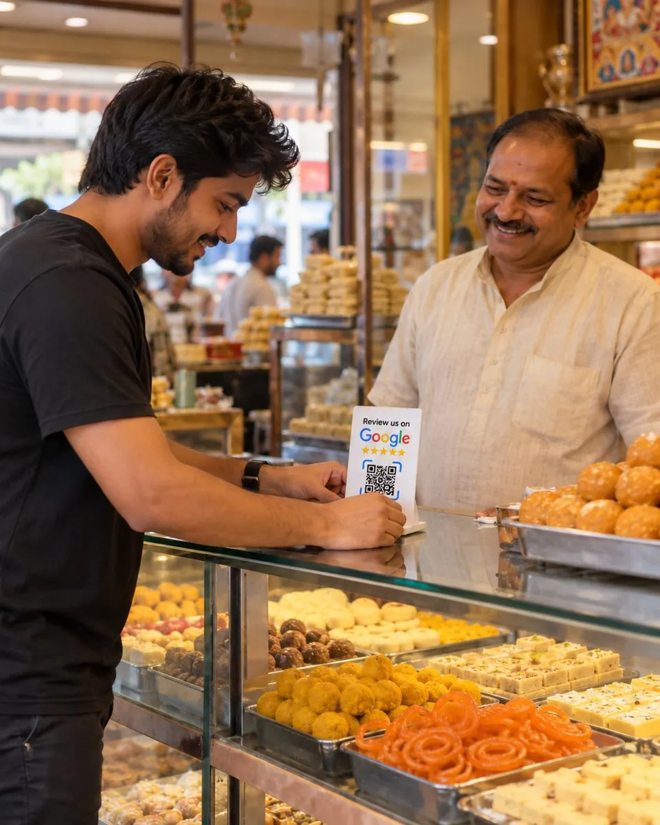 A Promogranade team member places a Review us on Google standee on a shop counter